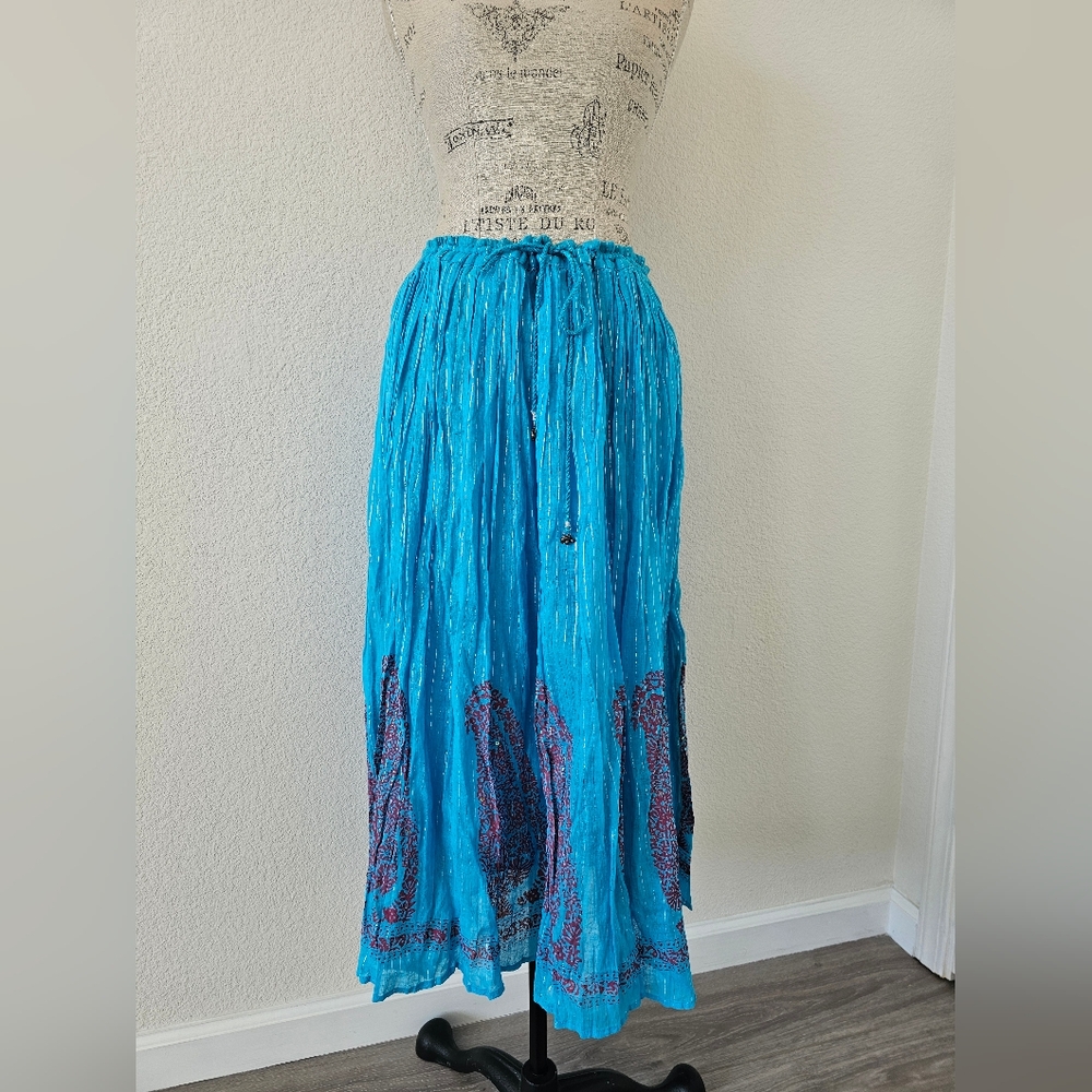 Raviya Turquoise Blue Paisley Crinkle Cotton Maxi Skirt - Metallic Silver Lurex